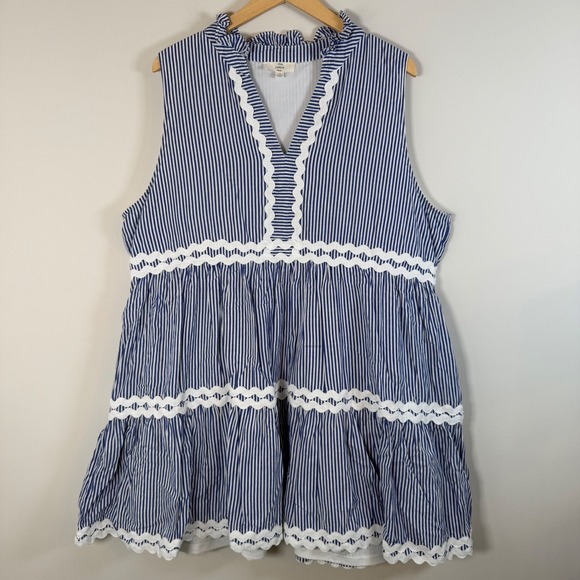 entro Tops - Entro Striped Ric Rac Tiered Babydoll Tank Top Blouse 1X Sleeveless V-Neck